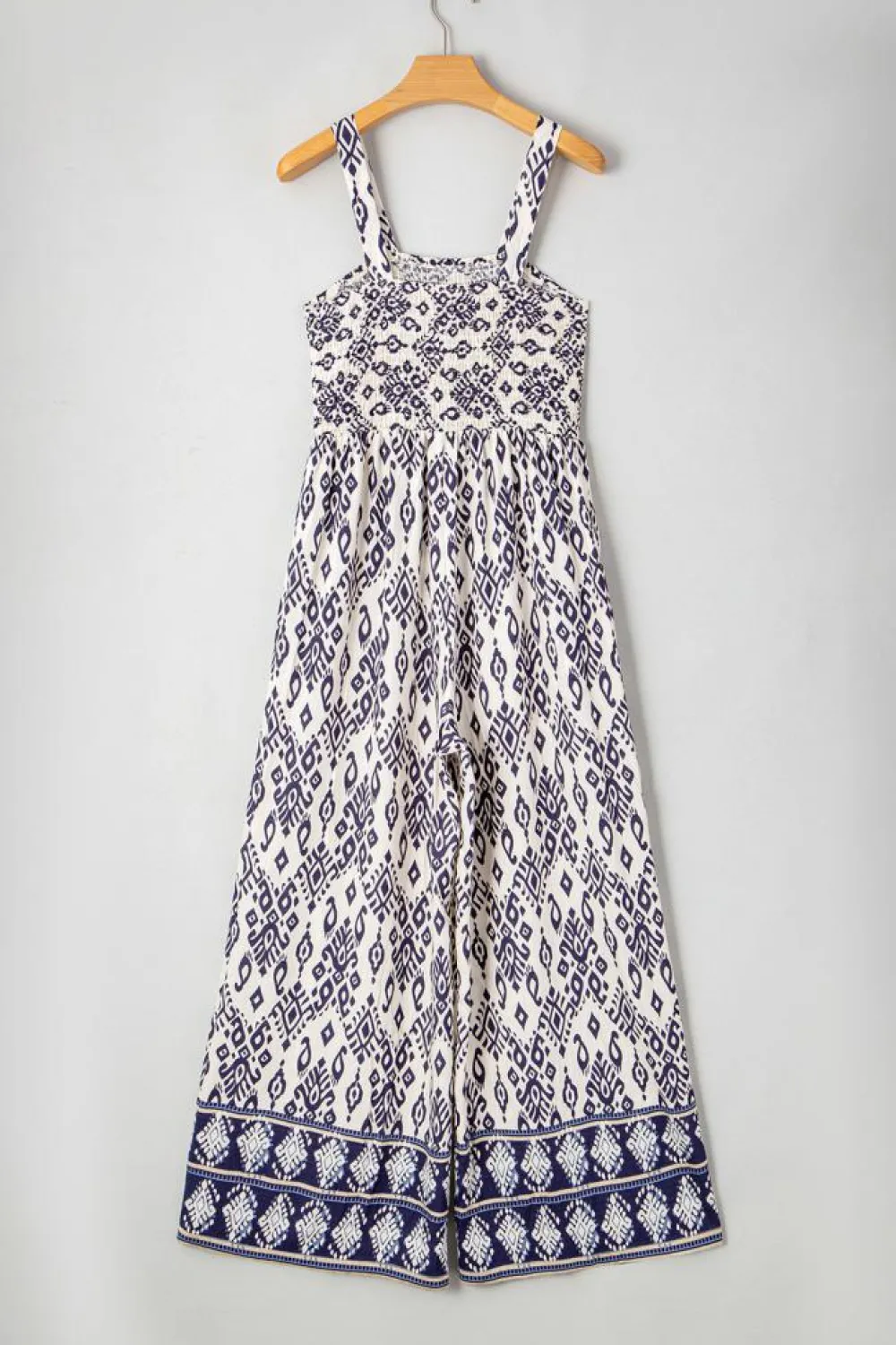 Fashion Dear-Lover Boho Geometric Print Shirred High Waist Wide Leg Jumpsuit Blue