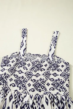 Fashion Dear-Lover Boho Geometric Print Shirred High Waist Wide Leg Jumpsuit Blue