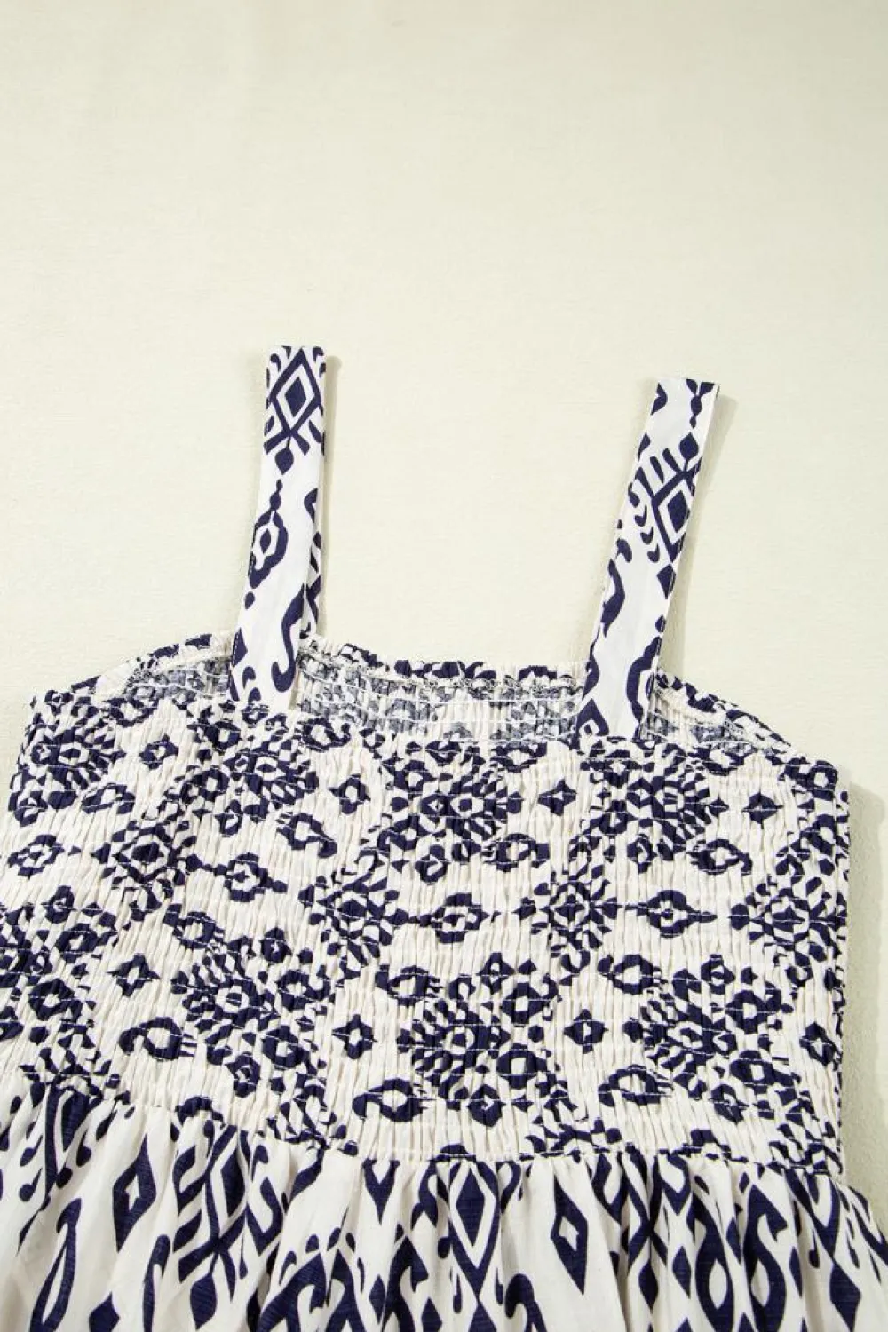 Fashion Dear-Lover Boho Geometric Print Shirred High Waist Wide Leg Jumpsuit Blue