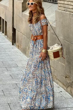 New Dear-Lover Boho Paisley Print Off Shoulder Maxi Dress Blue