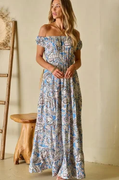New Dear-Lover Boho Paisley Print Off Shoulder Maxi Dress Blue