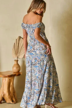 New Dear-Lover Boho Paisley Print Off Shoulder Maxi Dress Blue