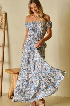 New Dear-Lover Boho Paisley Print Off Shoulder Maxi Dress Blue