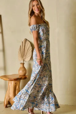 New Dear-Lover Boho Paisley Print Off Shoulder Maxi Dress Blue