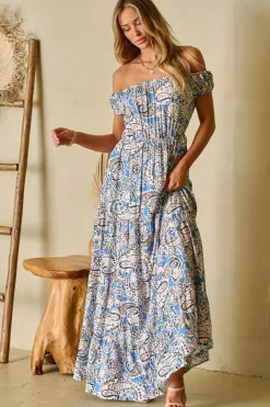 New Dear-Lover Boho Paisley Print Off Shoulder Maxi Dress Blue