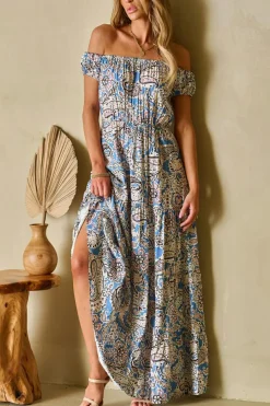 New Dear-Lover Boho Paisley Print Off Shoulder Maxi Dress Blue