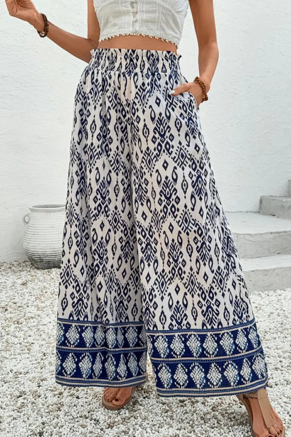 New Dear-Lover Boho Pattern Print High Waist Wide Leg Loose Pants Blue