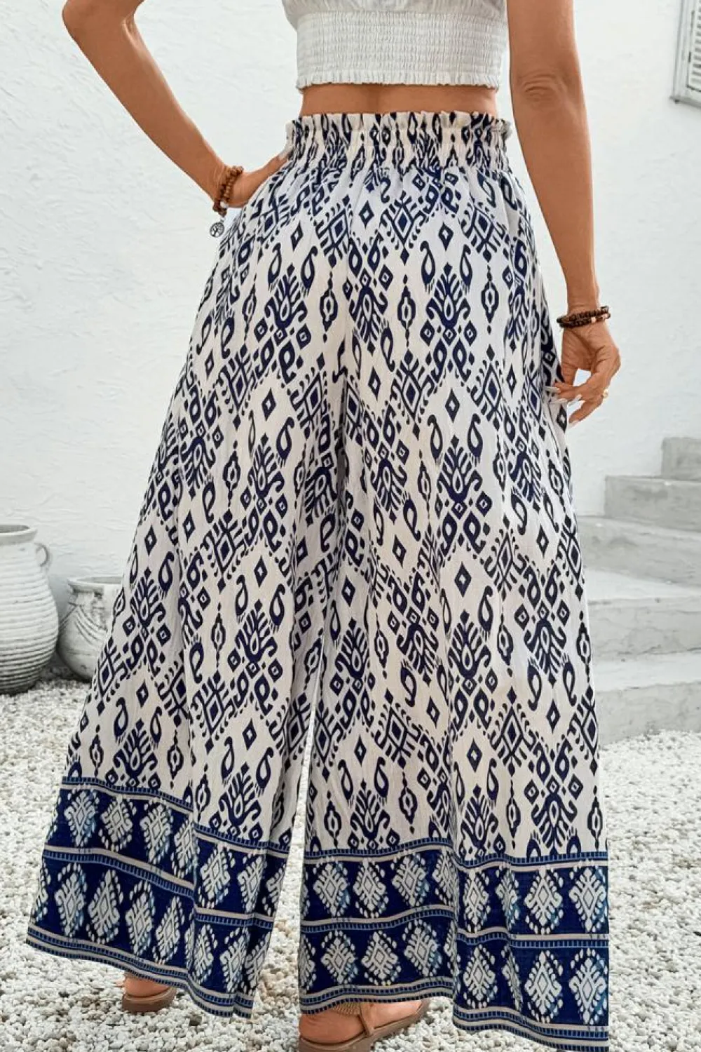 New Dear-Lover Boho Pattern Print High Waist Wide Leg Loose Pants Blue