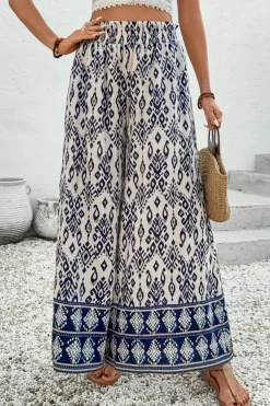 New Dear-Lover Boho Pattern Print High Waist Wide Leg Loose Pants Blue
