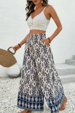New Dear-Lover Boho Pattern Print High Waist Wide Leg Loose Pants Blue