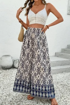 New Dear-Lover Boho Pattern Print High Waist Wide Leg Loose Pants Blue