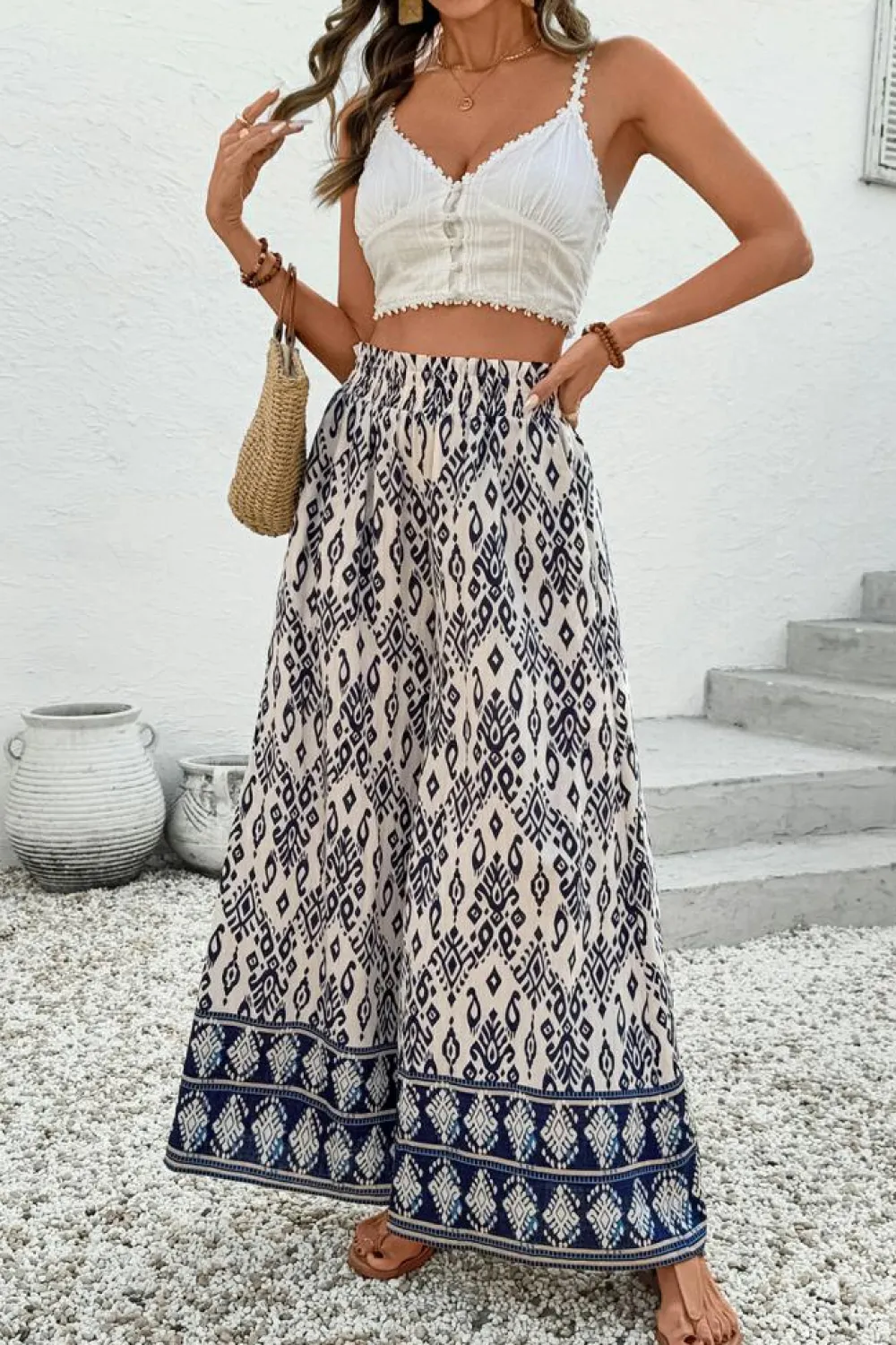 New Dear-Lover Boho Pattern Print High Waist Wide Leg Loose Pants Blue