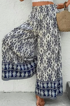 New Dear-Lover Boho Pattern Print High Waist Wide Leg Loose Pants Blue