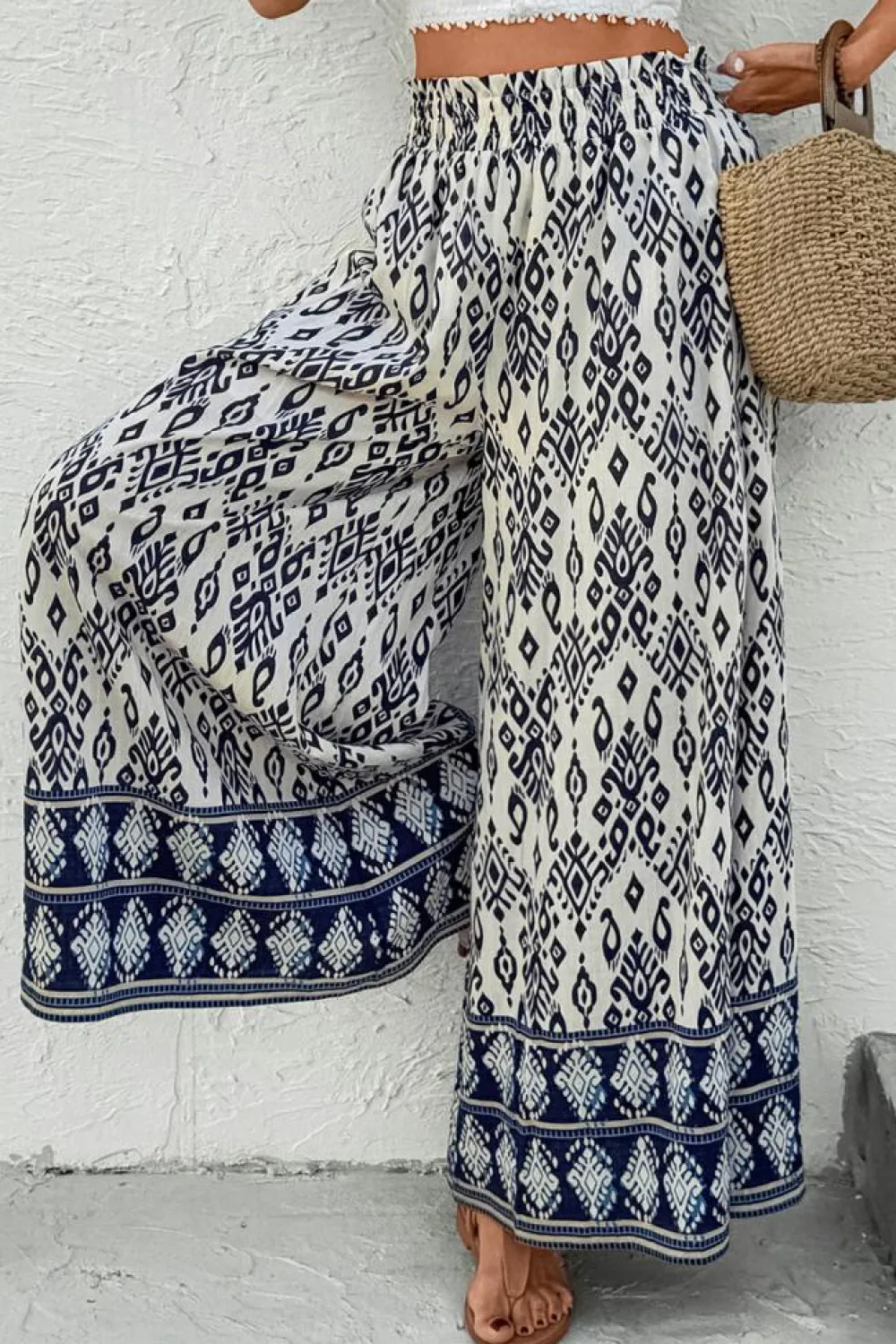 New Dear-Lover Boho Pattern Print High Waist Wide Leg Loose Pants Blue