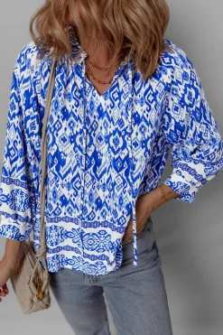 Outlet Dear-Lover Boho Printed 3/4 Sleeve Tied Neck Blouse Blue