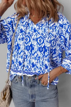 Outlet Dear-Lover Boho Printed 3/4 Sleeve Tied Neck Blouse Blue