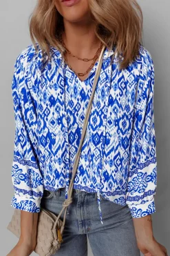 Outlet Dear-Lover Boho Printed 3/4 Sleeve Tied Neck Blouse Blue