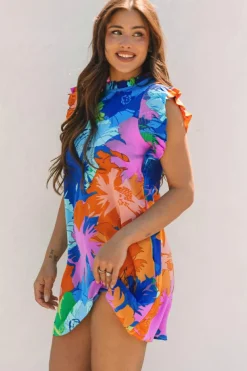 Hot Dear-Lover Bold Floral Flutter Sleeve Shift Mini Dress with Pockets Blue