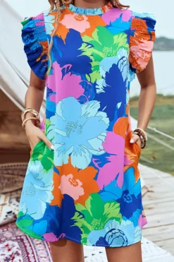 Hot Dear-Lover Bold Floral Flutter Sleeve Shift Mini Dress with Pockets Blue