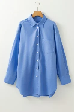 Hot Dear-Lover Boyfriend Chest Pocket Tunic Shirt Blue