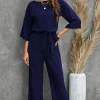 New Dear-Lover Bracelet Sleeve Waist Tie Wide Leg Jumpsuit Blue