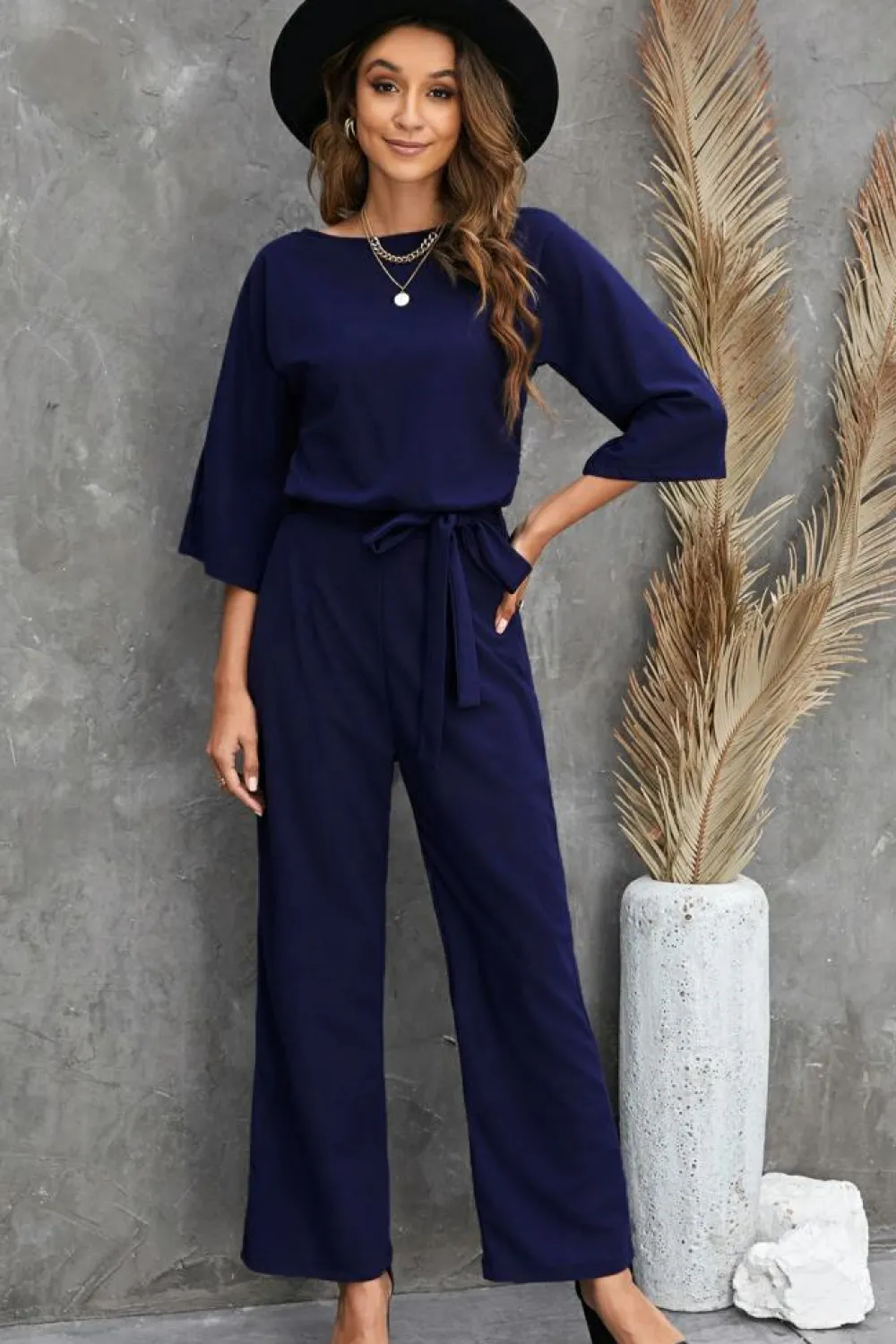 New Dear-Lover Bracelet Sleeve Waist Tie Wide Leg Jumpsuit Blue