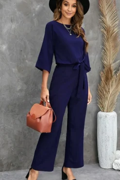 New Dear-Lover Bracelet Sleeve Waist Tie Wide Leg Jumpsuit Blue