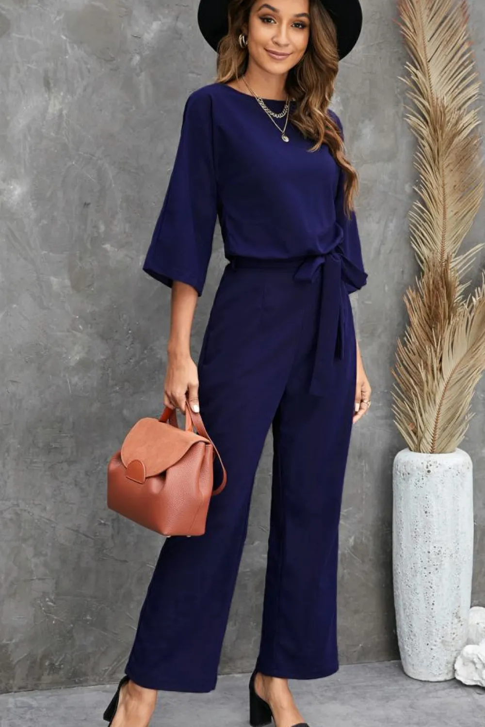 New Dear-Lover Bracelet Sleeve Waist Tie Wide Leg Jumpsuit Blue