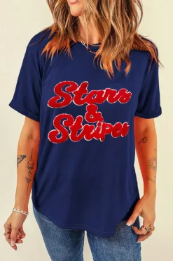 New Dear-Lover Chenille Stars & Stripes Patched Graphic T Shirt Blue
