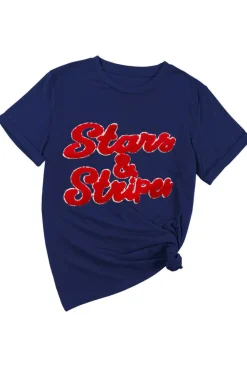 New Dear-Lover Chenille Stars & Stripes Patched Graphic T Shirt Blue