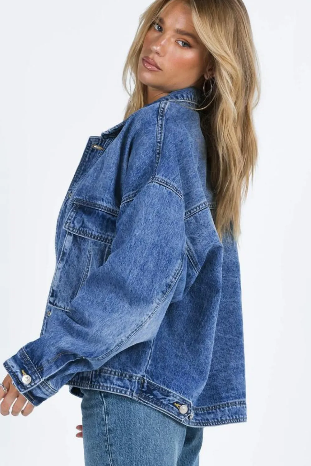 Best Dear-Lover Chest Pockets Drop Shoulder Loose Denim Jacket Blue