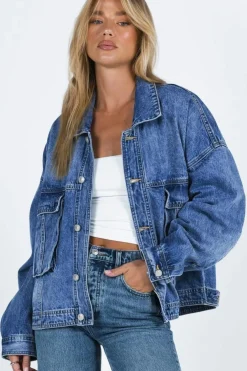 Best Dear-Lover Chest Pockets Drop Shoulder Loose Denim Jacket Blue