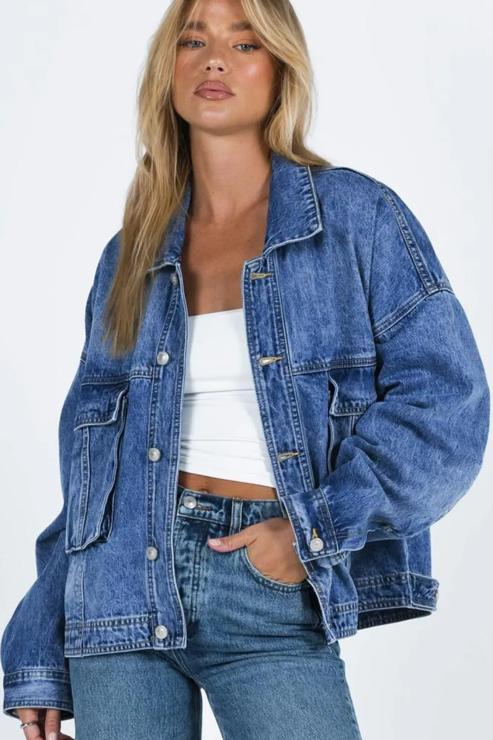 Best Dear-Lover Chest Pockets Drop Shoulder Loose Denim Jacket Blue