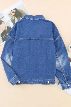 Best Dear-Lover Chest Pockets Drop Shoulder Loose Denim Jacket Blue