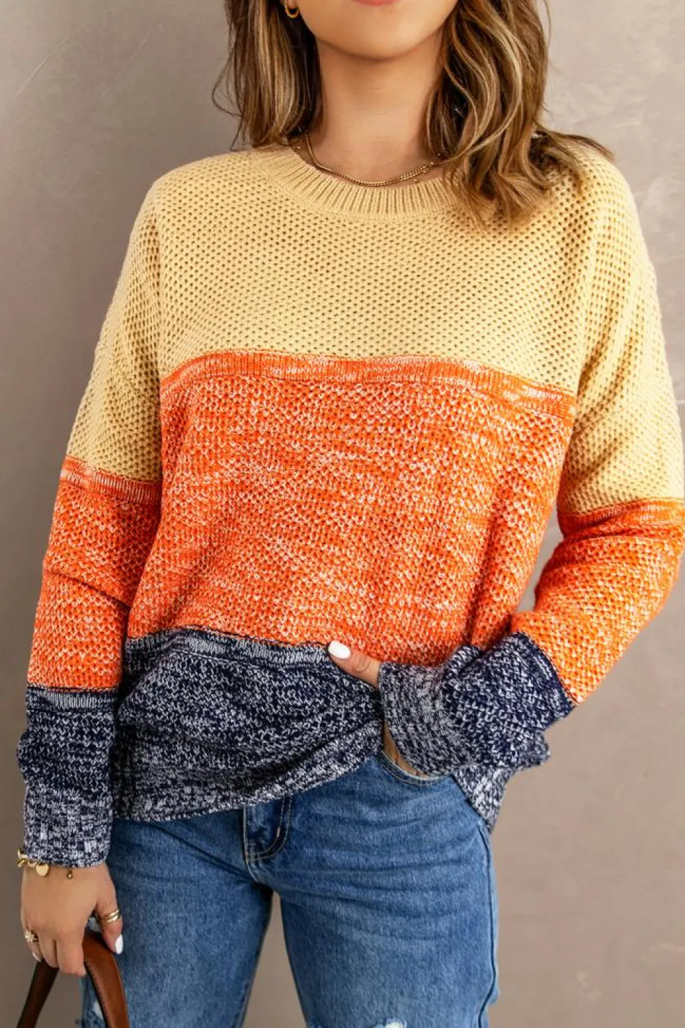 Clearance Dear-Lover Blue Color Block Netted Texture Pullover Sweater Brown