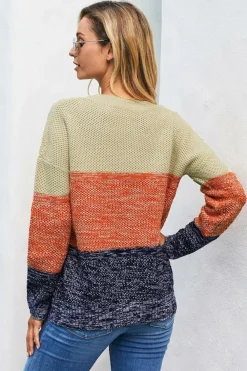 Clearance Dear-Lover Blue Color Block Netted Texture Pullover Sweater Brown