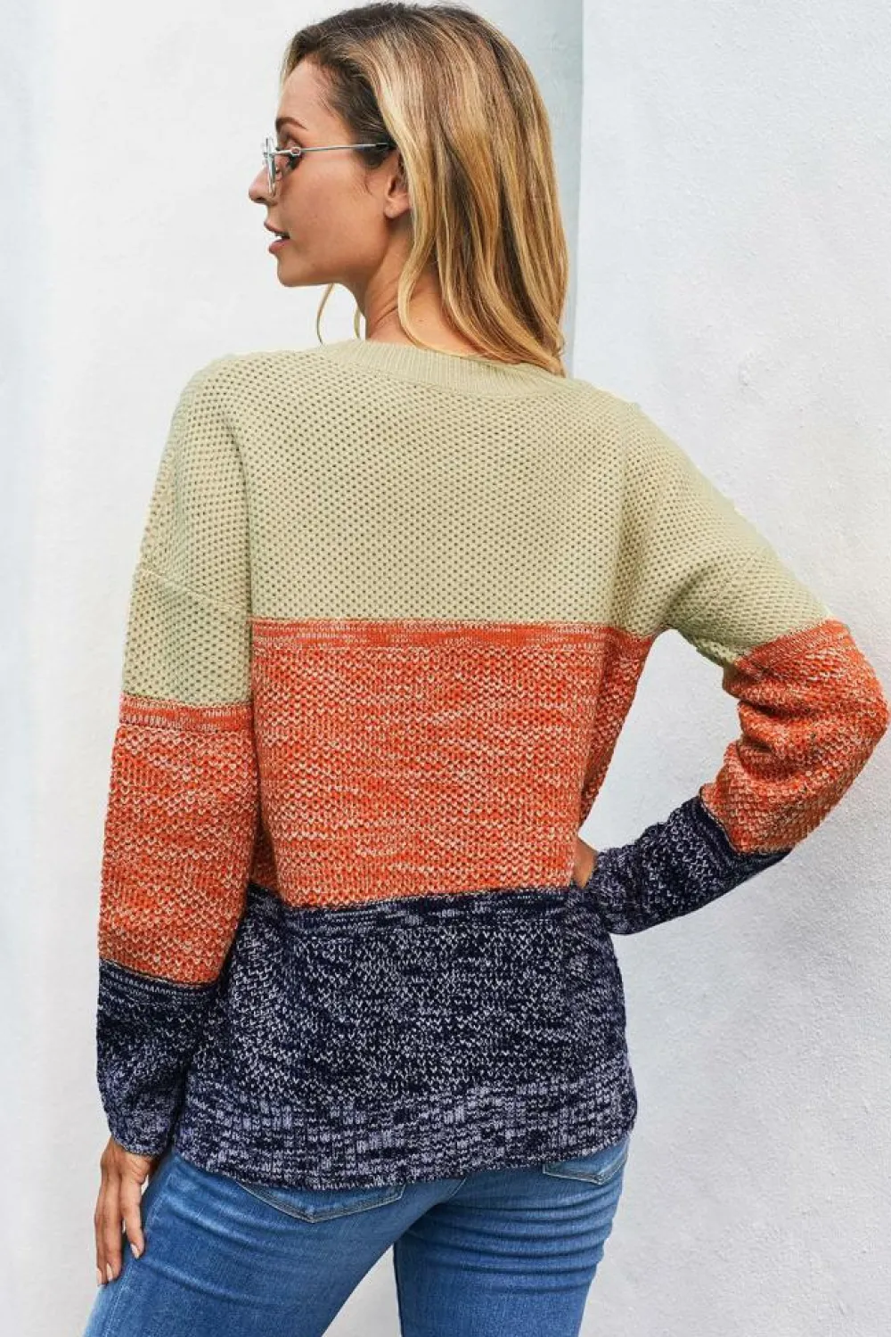 Clearance Dear-Lover Blue Color Block Netted Texture Pullover Sweater Brown