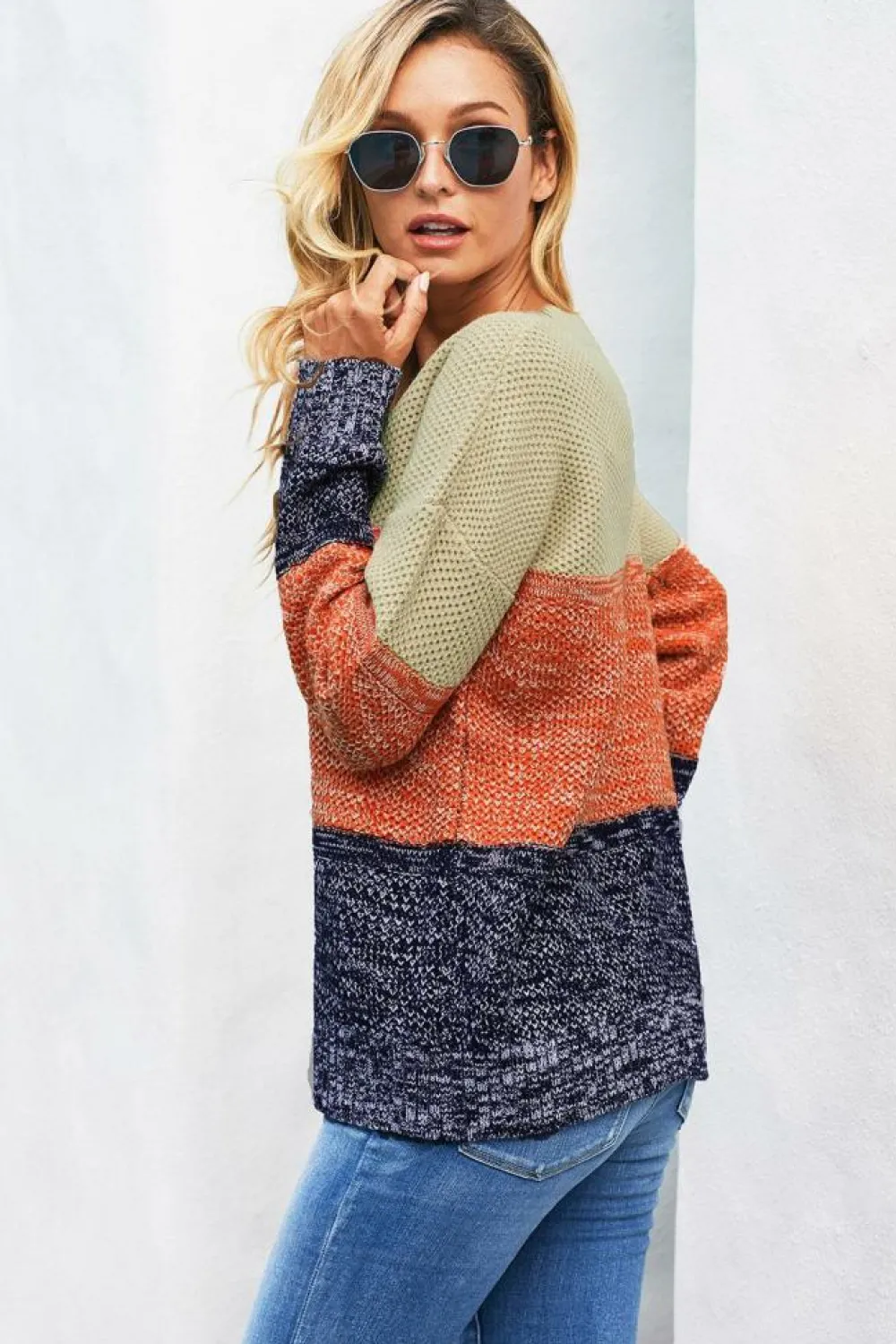 Clearance Dear-Lover Blue Color Block Netted Texture Pullover Sweater Brown