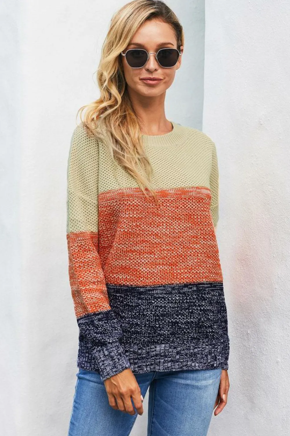 Clearance Dear-Lover Blue Color Block Netted Texture Pullover Sweater Brown