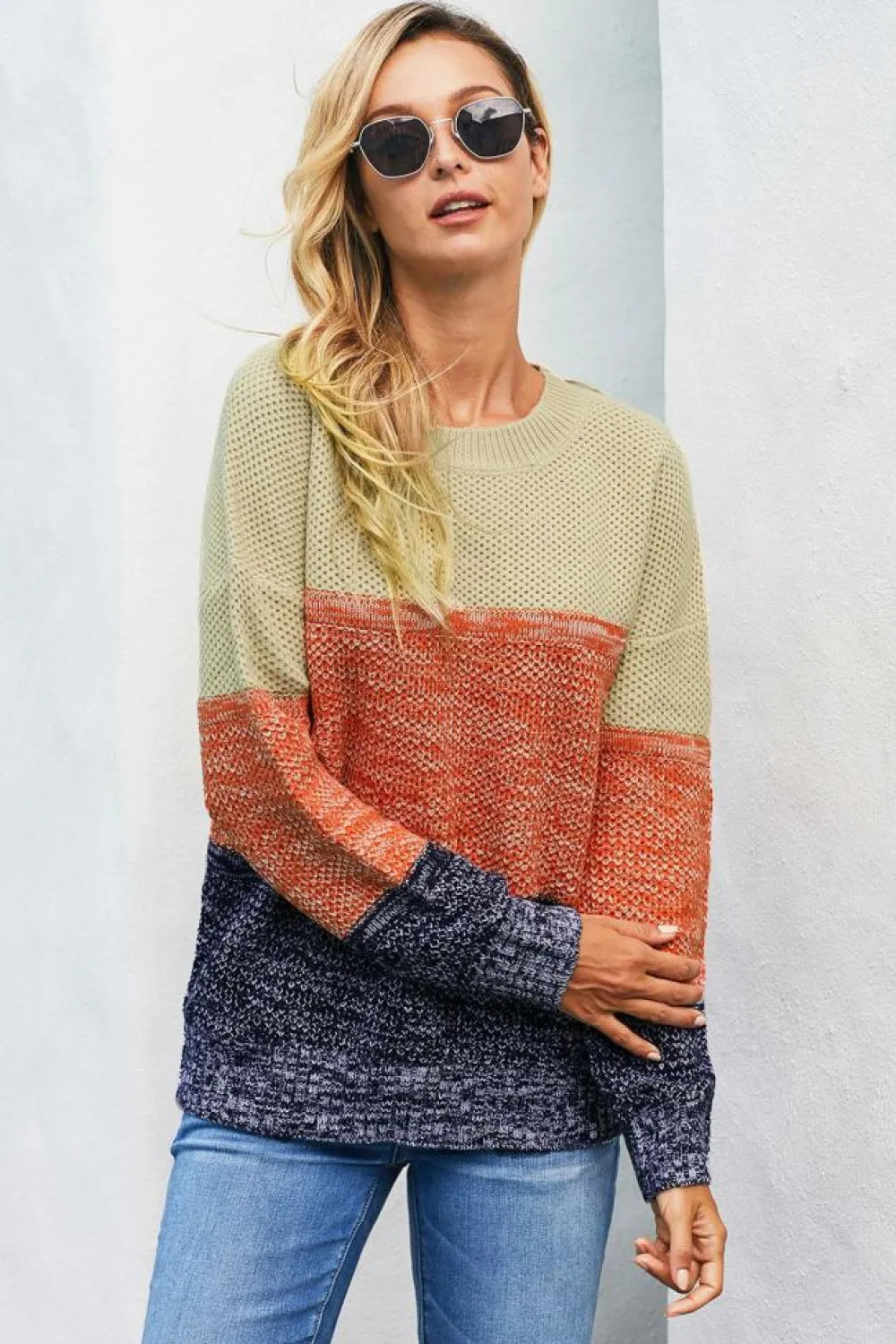 Clearance Dear-Lover Blue Color Block Netted Texture Pullover Sweater Brown
