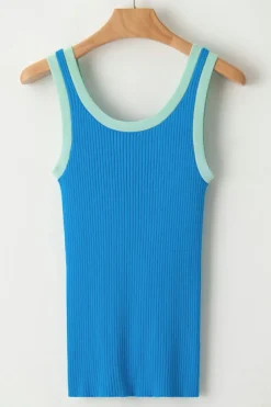 Hot Dear-Lover Colorblock Edge Ribbed Knit U Neck Tank Top Blue