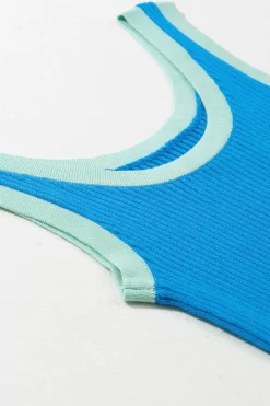 Hot Dear-Lover Colorblock Edge Ribbed Knit U Neck Tank Top Blue
