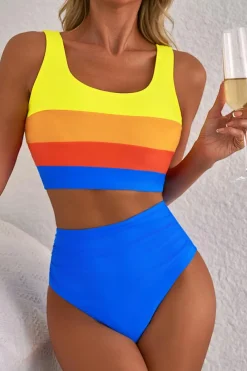 Best Dear-Lover Colorblock Square Neck Top Pleated High Waisted Bikini Blue