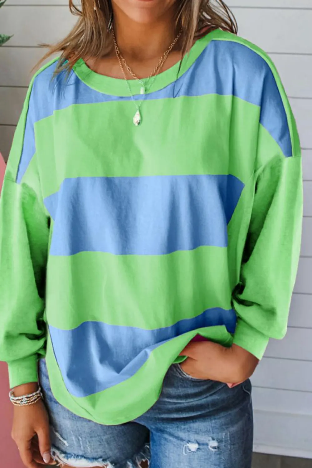 Sale Dear-Lover Colorblock Striped Drop Shoulder Loose Top Blue