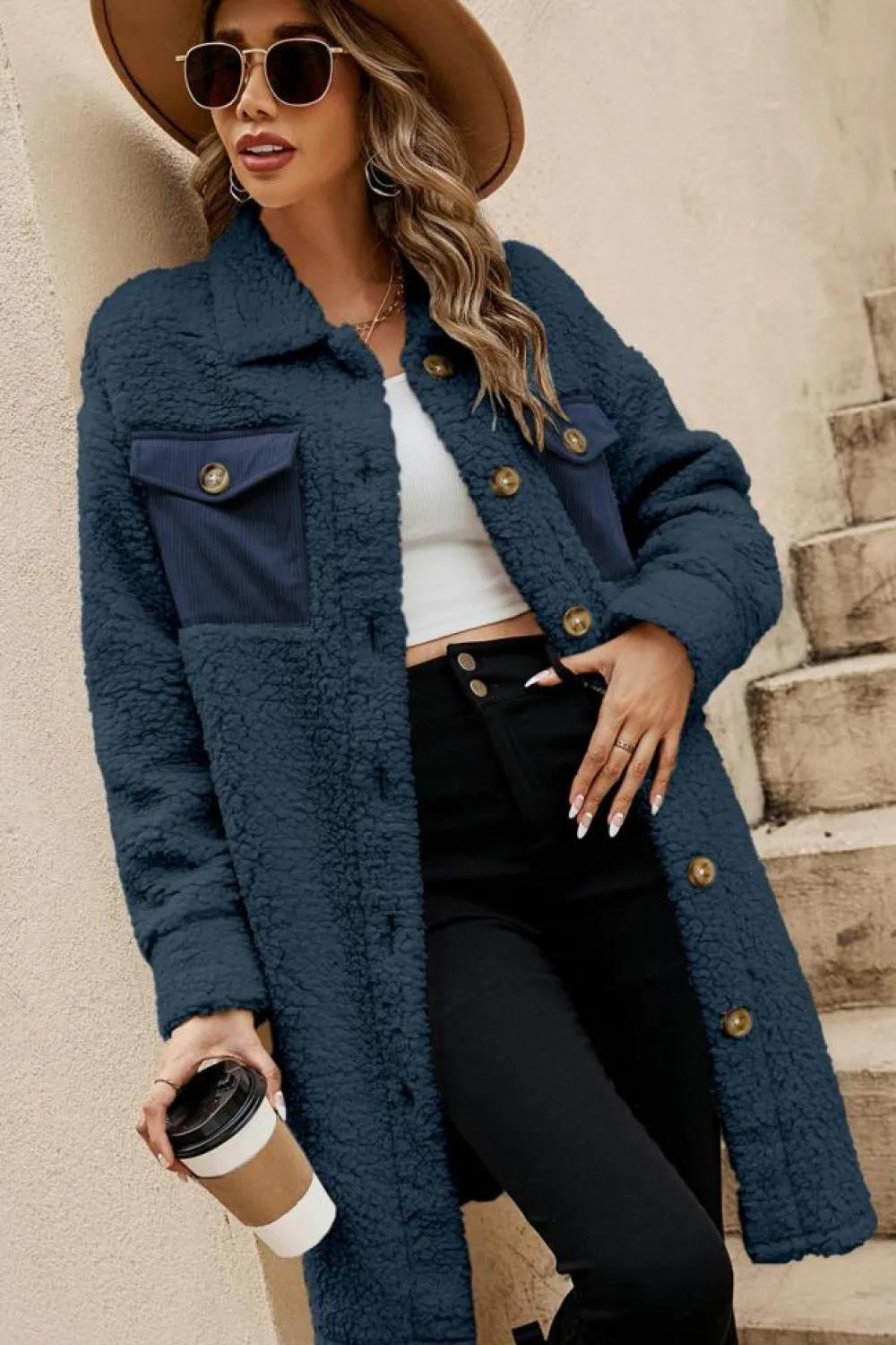 New Dear-Lover Contrast Flap Pocket Single Breasted Teddy Coat Blue