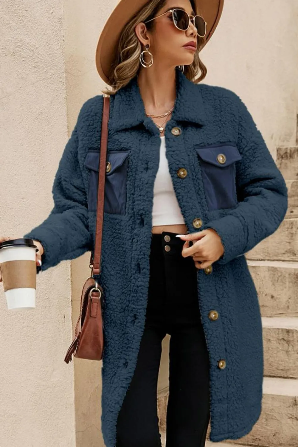 New Dear-Lover Contrast Flap Pocket Single Breasted Teddy Coat Blue