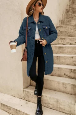 New Dear-Lover Contrast Flap Pocket Single Breasted Teddy Coat Blue