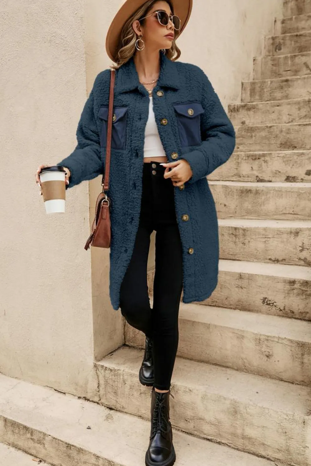New Dear-Lover Contrast Flap Pocket Single Breasted Teddy Coat Blue