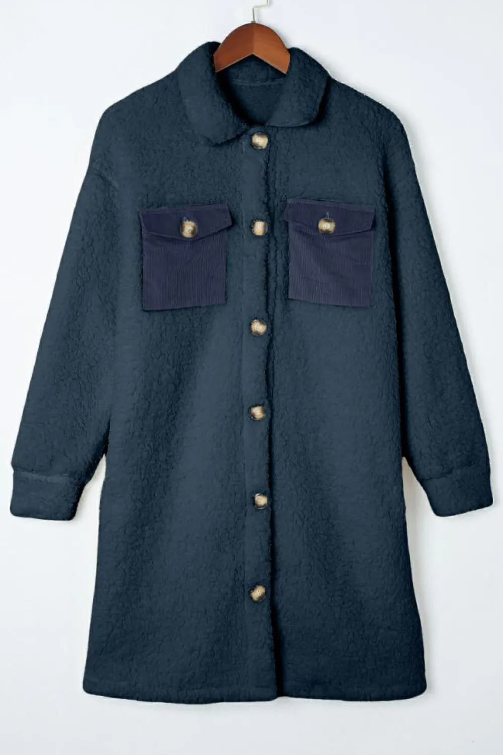 New Dear-Lover Contrast Flap Pocket Single Breasted Teddy Coat Blue