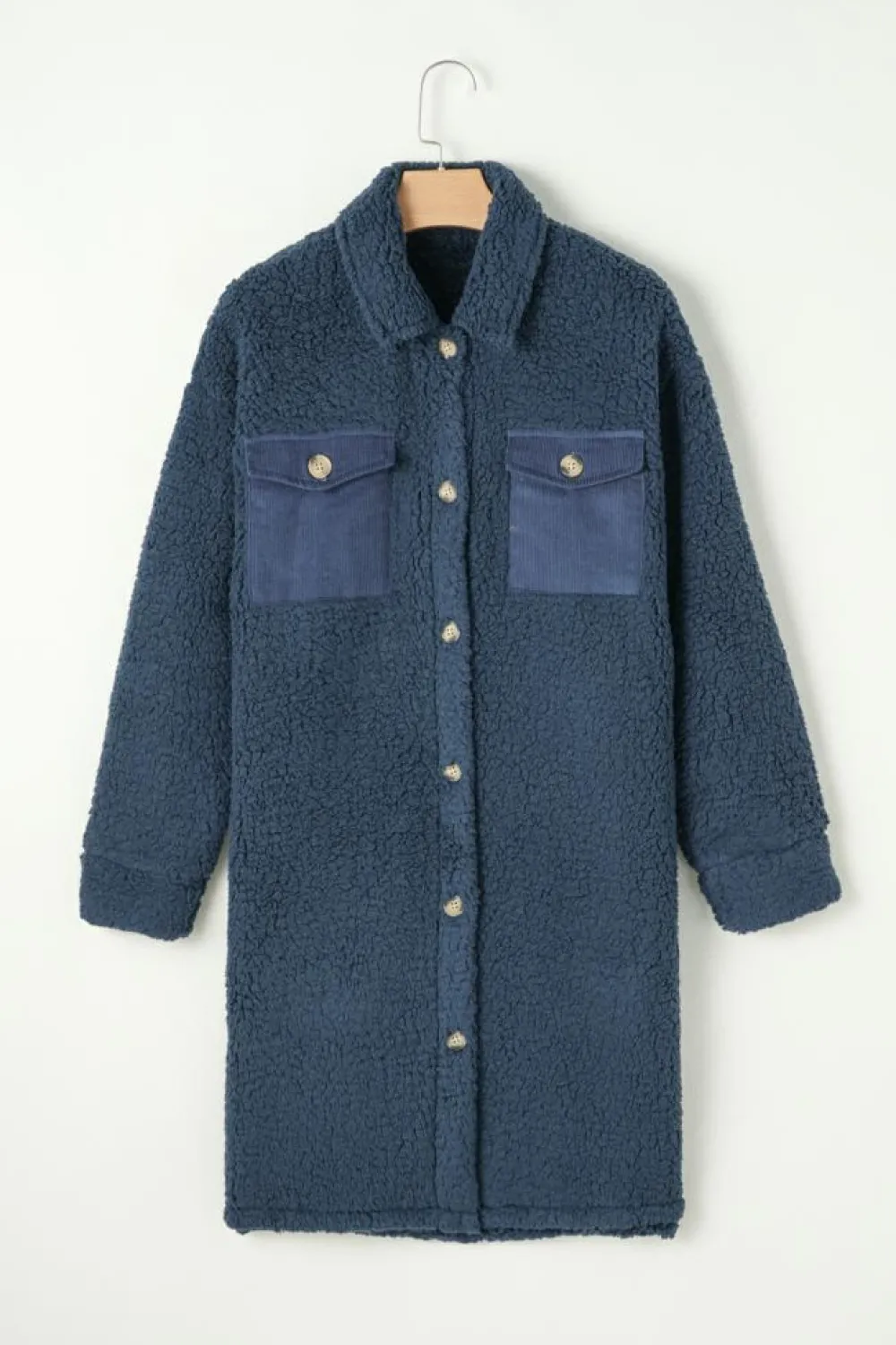 New Dear-Lover Contrast Flap Pocket Single Breasted Teddy Coat Blue